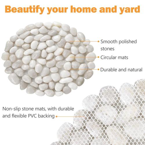 River Rock Stepping Stones Outdoor for Garden Walkway, 10 inch Diameter 6 Pcs Round Shape Paver Step Stones Polished Pebble River Stone Mat for Yard Lawn Patio Pathway Walk Way - White