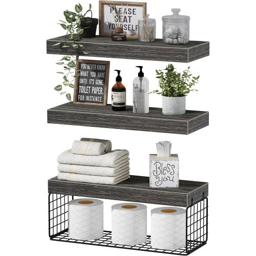 QEEIG Bathroom Shelves Over Toilet - Wall Mounted Floating Shelves Toilet Paper Storage Small Farmhouse Decor Shelf 16 inch Set of 3, Grey (019-GY3)