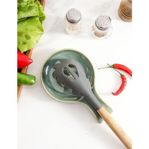 Spoon Rest for Kitchen, Ceramic Spoon Holder for Kitchen Counter, Cooking Spoon Holder, Farmhouse Cooking Utensil Holder for Spoons, Ladles, Spatula, Teal Green
