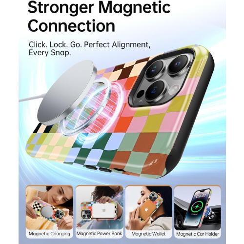 Colorful Checkered Phone Case for iPhone 15 Pro Max, Compatible with Magsafe, Trendy Cute Gingham Aesthetic Fun Magnetic Slim Shockproof Protective Women Girl Cover Case