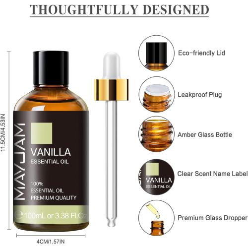 Vanilla Essential Oil 100ml, MAYJAM Premium Essential Oils for Aromatherapy, Diffuser, Soap Making, Candle Making, Large Bottle Vanilla Oil with Gift Box(3.38fl.oz)