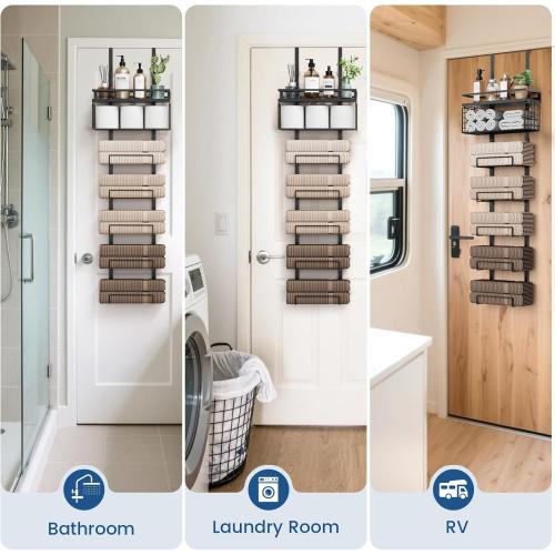 Aetyord Towel Racks for Bathroom Over The Door Towel Racks Towel Storage Organizer with Metal Shelf Basket for Bathroom Rv Camper (7-Tier Black)