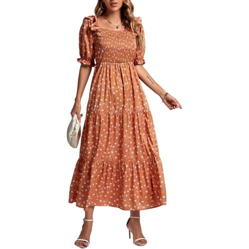 Rooscier Women's Floral Print Ruffle Shirred Swing Puff Short Sleeve Elegant Maxi Dress size medium