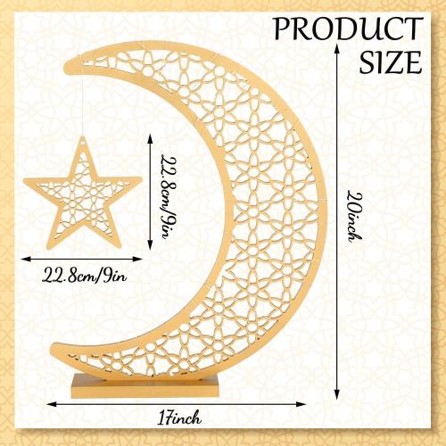 Tujoe Ramadan Crescent Moon Wooden Moon Decorations Lights for Home Eid Mubarak Star Crescent Eid Crafts Light Stand Mubarak Table Centerpiece with Star Ornament for Home Islamic Gift(20 x 17 Inch)