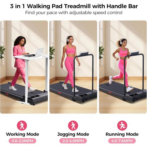 Walking Pad with Handle Bar, 2026 Upgrade Small Walking Pad Treadmill with Incline, 3.0HP Portable Under Desk Treadmill with Handles for Home Small, 0.6-7.6MPH, 350LBS