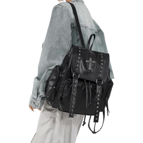 Studded Backpack Cross Metal Studs Y2k Emo Purse Punk Backpack for Women 2000s Goth Edgy Daypack Gothic Daily Party Club(Black)