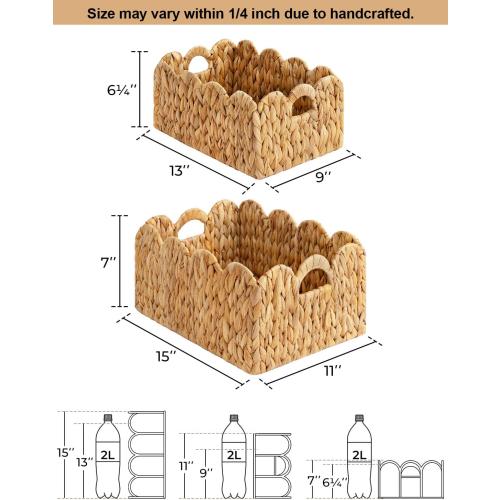 StorageWorks Scalloped Edge Wicker Basket, Hand-woven Rattan Baskets with Built-in Handles, Water Hyacinth Basket for Organizing and Decor, 2 Pack