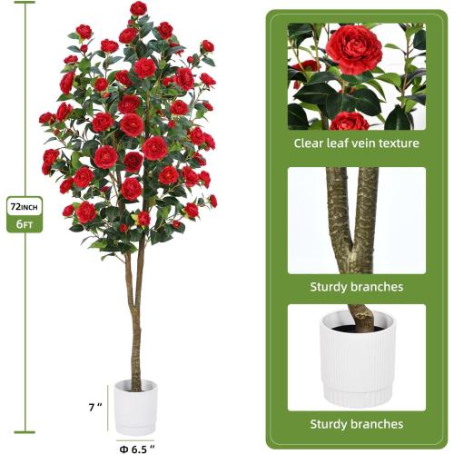 Artificial Camellia Tree 6FT – Faux Plants Indoor, with Easy Assembly, Low Maintenance, Ideal for Both Indoor Decoration and Other Purposes，Perfect Porch Christmas Trees (Red 6ft)