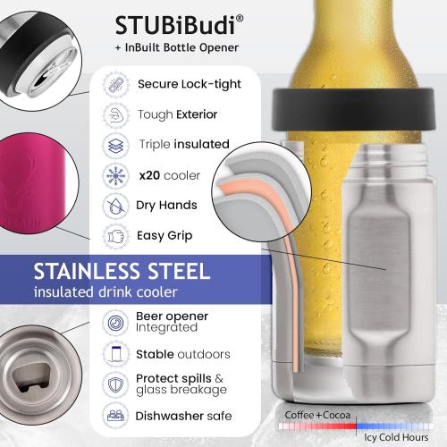 OAKMANN Beer Cozy with Bottle Opener, Insulated Can Cooler 12 oz Bottle Holder, 3 in 1 Stainless Steel Insulator, 4 in 1 Universal Can Coozie for Cans Bottles Seltzer, Beer Gifts for Her - Pink