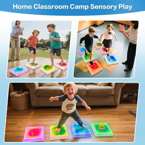 Light Up Sensory Floor Tiles for Kids - 12x12 Inch Liquid Play Mat with 7 Colors Led Lights, Non-Slip Puzzle Play Mat for Home and Classroom, Autism Sensory Toys for Toddlers Ages 3-7 (Pack of 6)