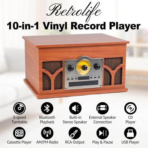 10-in-1 Vinyl Record Player with Built-in Speakers Wireless Playback, CD & Cassette Player, USB Player, AM/FM Radio, 33/45/78 Speed Turntable Mahogany