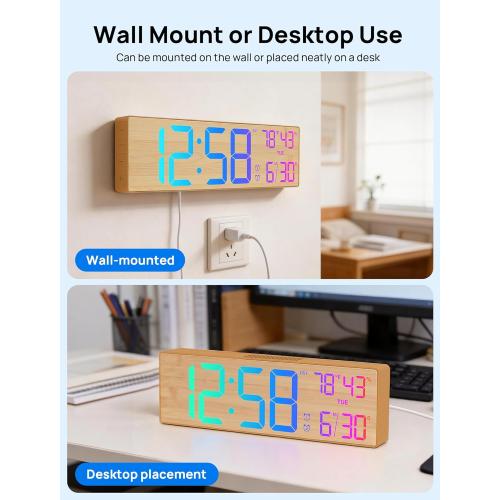 MASHI 18.5 Large Digital Wall Clock with Remote Control, Dual Alarm with Big LED Screen Dispaly,10 Adjustable Brightness, DST, Date Week,Temp for Living Room, Bedroom, Gifts for Elderly (Bamboo)
