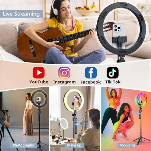 Auto Face Tracking 360 Rotation with 10 RGB Ring Light, Phone Tripod & Selfie Stick with Remote for Cell Phone 4-7, Motion Sensor for Live Stream Vlog Video Recording