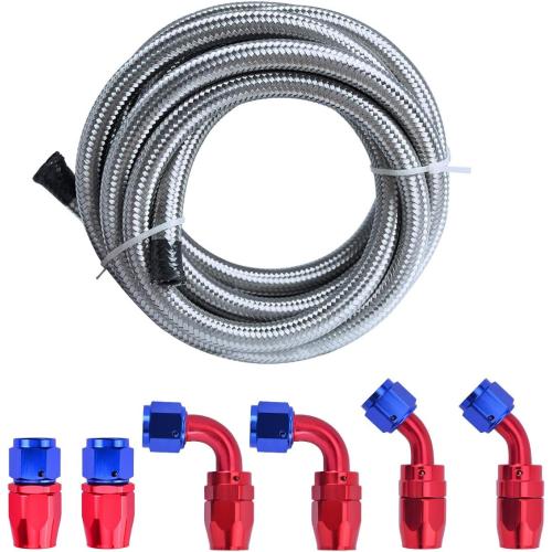 12FT 6AN 3/8 Fuel Line Hose Braided Stainless Steel w/6pcs AN6 Hose Fitting Kit