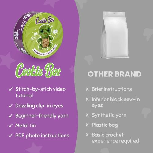 Cookie Box Original Crochet Kit for Beginners – Gift Set to Make Turtle Hugo Amigurumi Plushie – Easy DIY Crochet & Knitting Starter Kit with Video and PDF Tutorials