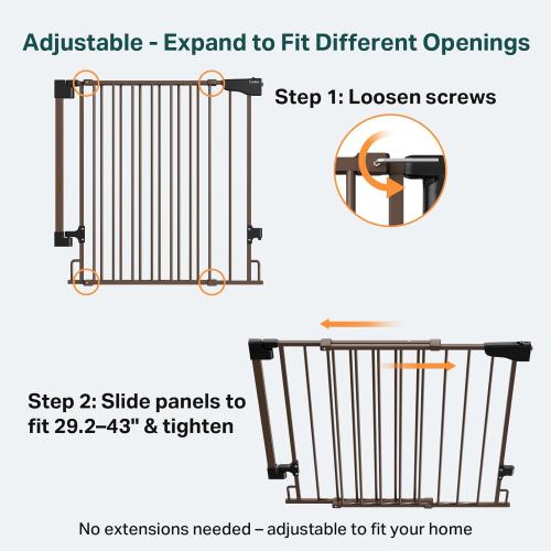 Cumbor 29.2–43 Baby Gate for Stairs, Wall-Mounted (Drill Required), Expandable No Bottom Bar Dog Gate, Auto Close Extra Wide Walk Thru, Pet & Toddler Proof Gate, Top & Bottom of Stairways (Brown)