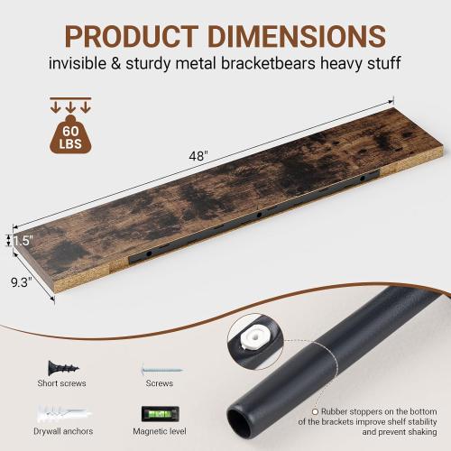 Floating Shelves for Wall 48 Inches Long,9.3 Deep Rustic Brown Floating Shelf Set of 2,Wall Mounted Wood Shelves for Bathroom Bedroom Living Room Kitchen Office,Shelf for Books Storage Room Decor