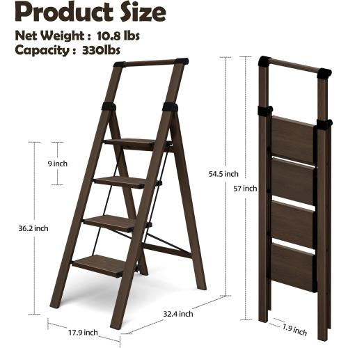 HillhutApex 4 Step Foldable Aluminum Step Ladder with Handgrip, Anti-Slip Pedal, 330lbs Capacity, Lightweight & Portable for Home, Kitchen, Office, Garage (Walnut)