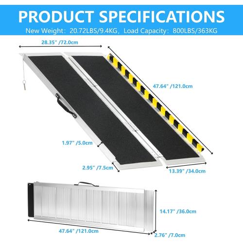 4FT Portable Wheelchair Ramp, Non-Slip Aluminum Folding Handicap Ramp, 800 LBS Capacity Door Threshold Ramps for Home Steps, Scooter Ramps for Car, Doorways, Curbs, Stairs, Cart, Wheel Chair Ramp Step