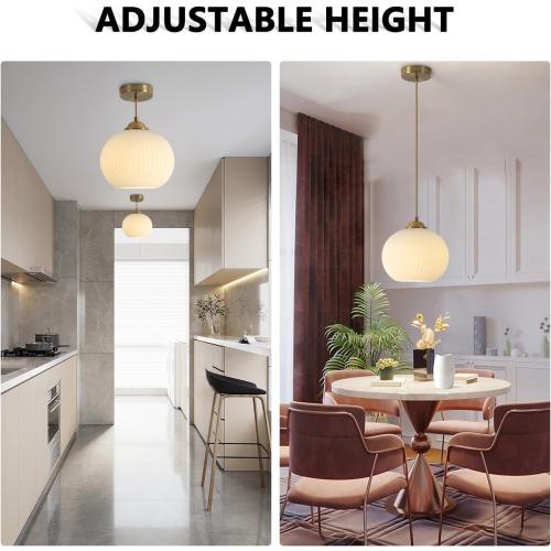 KCO Lighting Mid Century 1-Light Globe Pendant Light Industrial Vintage Brass Gold Pendant Lighting Fixture Kitchen Island Adjustable White Glass Hanging Ceiling Lights