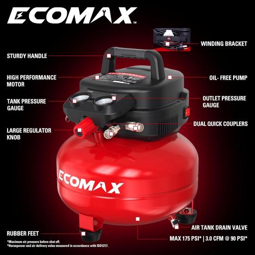 ECOMAX Air Compressor 6 Gallon 175 PSI Pancake Portable Oil-free Tank with 10 PCS Accessories Kit