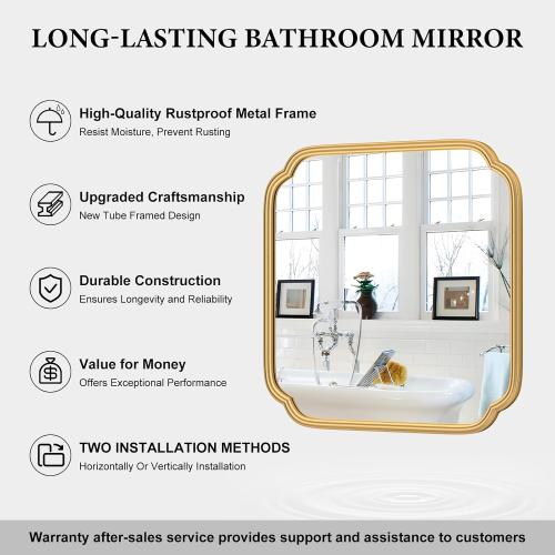 Ferytange Gold Bathroom Mirror for Wall 24 x 24 Modern Rounded Corner Square Mirror with Non-Rusting Iron Metal Framed Bathroom Vanity Mirror for Over Sink Wall Decor Horizontal/Vertical