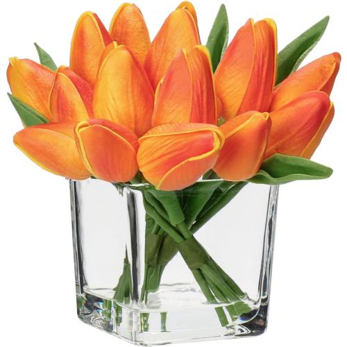 DILATATA Artificial Orange Tulips in Vase with Faux Water 5.5 Real Touch Flowers Fake Tulips Small Flowers Arrangement in Cube Glass Vase for Mother's Day Table Centerpiece Wedding Home Decor