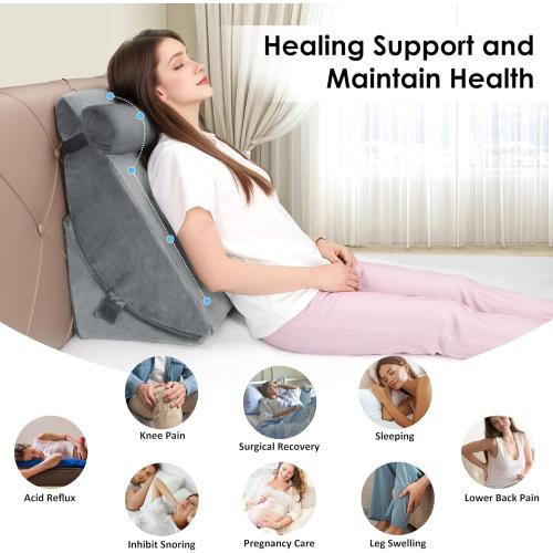 Bed Wedge Pillow Set for Post Surgery, 3PCS Wedge Pillow for Acid Reflux Relief, Adjustable 7 &12 inch for Sleeping, Headboard, Back Pain Relief, Back Pillow for Bed Sitting Up, Grey
