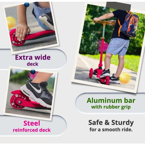 Kicksy - Kids Scooter - Toddler Scooter for Kids 2-5 Adjustable Height - 3 Wheel Scooter for Kids Ages 3-5 Boys & Girls - Kids Three Wheel Scooter with Light Up LED Wheels