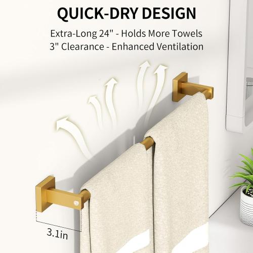 MKO Towel Bar for Bathroom, 24 Towel Racks for Bathroom Hanger Wall Mounted, Hand Towel Holder Rod with Metal for Kitchen Home, Gold 2 Pack