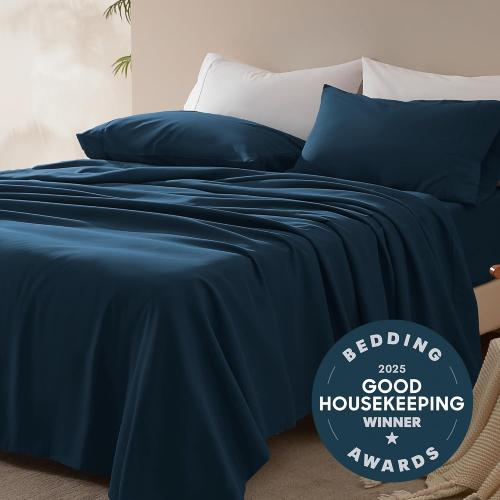 SLEEP ZONE Nanotex Super Soft Cooling Queen Bed Sheets Set 4 Piece - Easy Care Fitted Flat Sheet & Pillowcase Sets - Wrinkle Free, Fade Resistant, Deep Pocket 16 (Navy Blue, Queen)