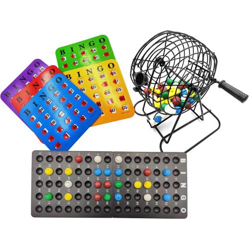 Yuanhe Deluxe Bingo Game Set - 6 Inch Metal Cage with Calling Board, 5 Shutter Slide Cards, 75 Colored Balls, for Large Group Games