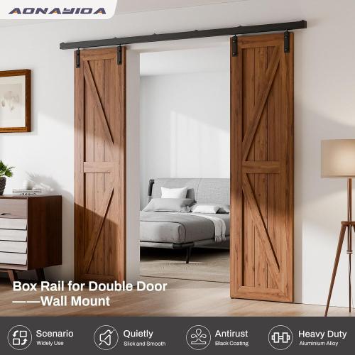 144/12FT Double Barn Door Hardware Kit Box Rail, Exterior Barn Door Hardware Kit Wall Mount, Heavy Duty Aluminium Alloy Track (No Panel)