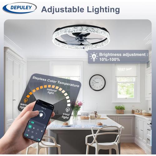 Depuley Bladeless Ceiling Fans with Lights: 20 Black Modern Low Profile Flush Mount Ceiling Fan with App Remote Control - Bedroom Enclosed Crystal Fandelier with Dimmable LED for Living Room Kitchen