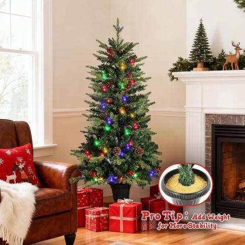 JOYHALO 2Pcs Set 4FT Outdoor Christmas Trees for Porch with 60 Remote Controlled Warm White and Multicolor LED Lights, Pre-lit Potted Christmas Tree with PVC&PE Branches