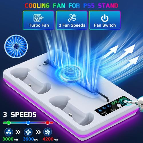 for PS5/PS5 Slim/PS5 Pro Stand and Cooling Station with Controller Charging Station for PlayStation 5 Slim&Standard Disc/Digital Console, 10 Light for PS5 Cooler Accessories Incl 3 Levels Cooling Fan
