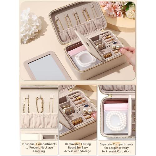 Velvet Travel Jewelry Box with Large Mirror, Double-Layer Jewelry Organizer Case for Women and Girls, Portable Storage Case with 6 Anti-Tarnish Bags Gift Ready for Her (Beige)