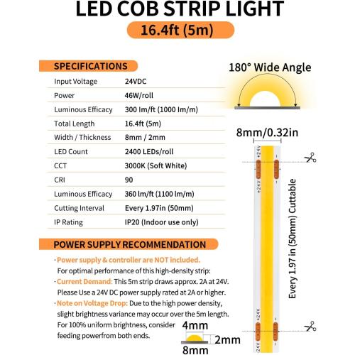 COB LED Tape Lights, 3000K Warm White, 16.4ft, Adapter Not Inc.