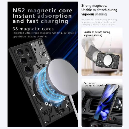 Magnetic Case for Samsung Galaxy S24 Ultra [Compatible with MagSafe] Black Flower Floral Case for Women Girls Soft TPU Bumper Hard PC Anti-Fall Shockproof Protective Slim Cover A10
