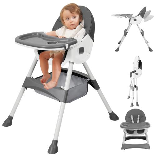 White & Grey Baby High Chair, 6 in 1 Convertible High Chairs for Babies and Toddlers with 5-Point Safety Harness,Foldable High Chair for Space-Saving, Adjustable Dining Tray,Backrest & Height,Easy to Clean Surface