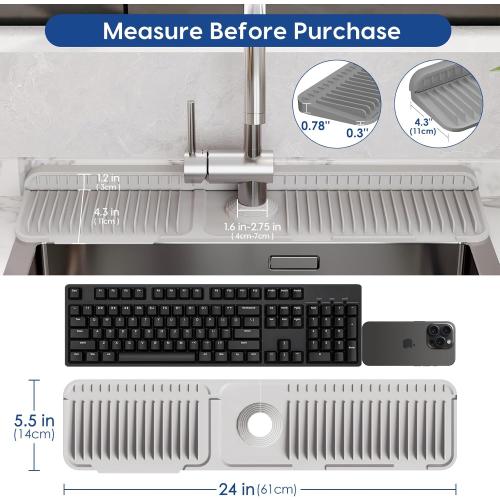 24 Inch Silicone Faucet Mat for Kitchen Sink Splash Guard - 7° Slope Upgraded Water Draining Mat with Fasten Button for Bathroom Area (Gray, 24''x5.5'')