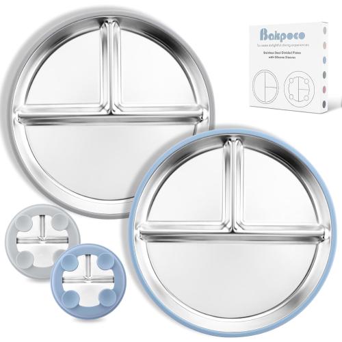 Bakpoco Stainless Steel Toddler Plate with Suction, 9” Divided Plates with Removable Silicone Sleeves for Kids, Non Toxic & BPA Free | Non Slip | Unbreakable Baby Snack Dishes Set of 2, Blue & Gray
