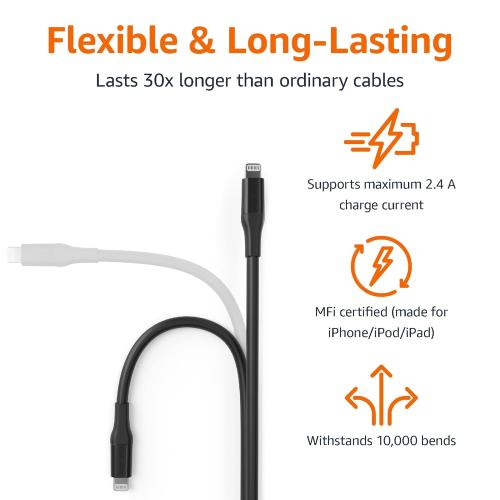 Amazon Basics Apple MFi Certified USB-A to Lightning Charger Cable for iPhone iPad, Heavy-Duty Fast-Charge, 10ft, Black