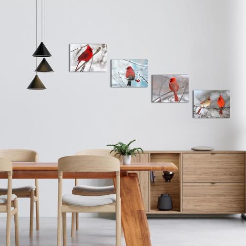 sechars - 4 Piece Modern Canvas Painting Wall Art Birds Red Cardinal on Snowy Branch Pictures Print for Living Room Decor Winter Landscape Poster Christmas Gift Gallery Wrap Ready to Hang
