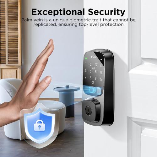 TCL D1 Pro Palm Vein Smart Lock, Keyless Entry Door Lock, Upgraded Rechargeable Battery, Front Door Smart deadboalt, App Remote Control, Auto-Lock, Waterproof, Works with Alexa (no test)