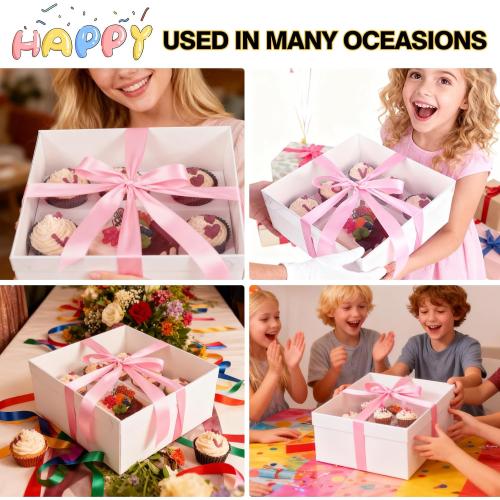 6 Packs 1 5 bento cake box with cupcakes,full clear lid,1 small Cake and 5 Cupcakes Box,Pink ribbon and Stickers for Family Birthday Party Mother's day (Pink ribbon)