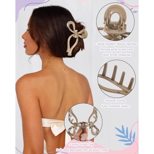 4 PCS Bow Hair Clips Bow Claw Clip for Women Nonslip Large Hair Claw Clips for Thin and Thick Hair Strong Hold Hair Bows (Black White Brown Pink)