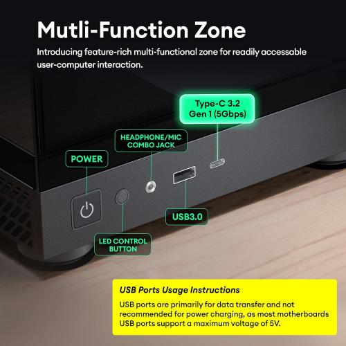 Okinos Aqua UNO Micro ATX Case, No Radiator Support, Max GPU Length 309mm, Quick-Release Panoramic Tempered Glass Front & Side, 3x120mm ARGB Fans Pre-Installed, Type-C 5Gbps, Black