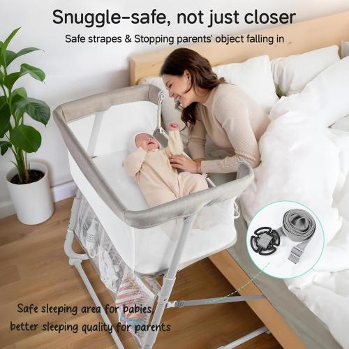 Cowiewie Bassinet Bedside Sleeper,Baby Bassinet Slides Over Bed,5-Position Height Adjustment & Breathable All-Mesh Wall Bedside Bassinet for Baby,Space-Saving Bedside Crib, Height(37.4-41.3) (Beige)