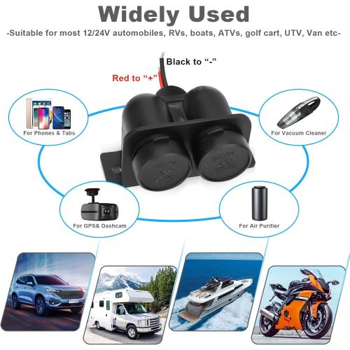 2PCS Cigarette Lighter Socket with Blade Fuse, 2-Socket Cigarette Lighter Splitter 12V Lighter Power Outlet Replacement Waterproof Plug for Car Marine Truck ATV RV
